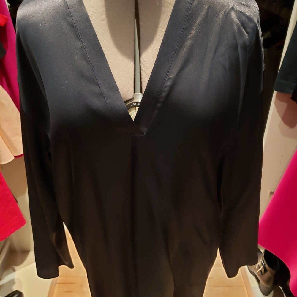 Midnight navy blue silk v neck dress by Vince.